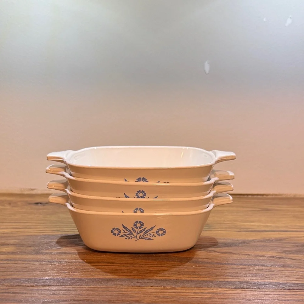 Vintage CorningWare White Baking Dishes with Blue Floral Design